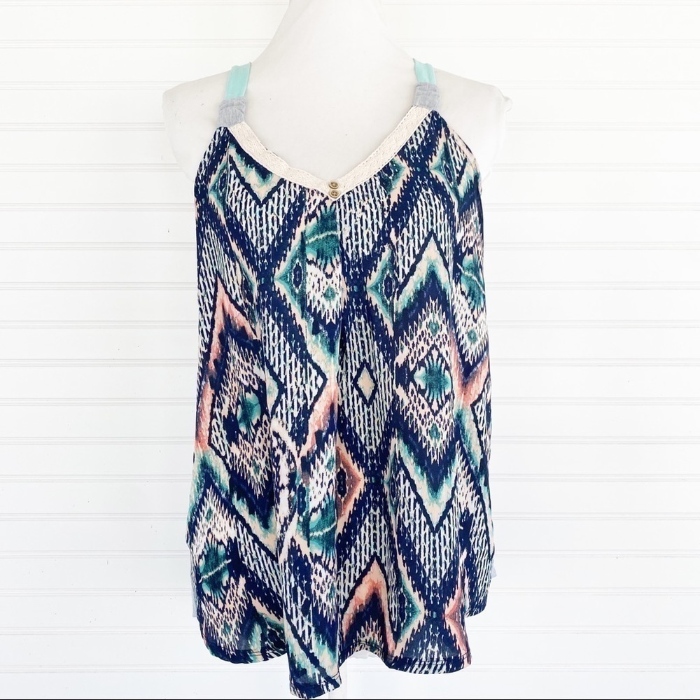 Xhilaration Tank Top Size L Blue Ikat Geometric Crochet Lace Trim Mixed Media